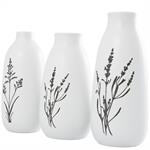 White Ceramic Vase with Black Lavender Prints