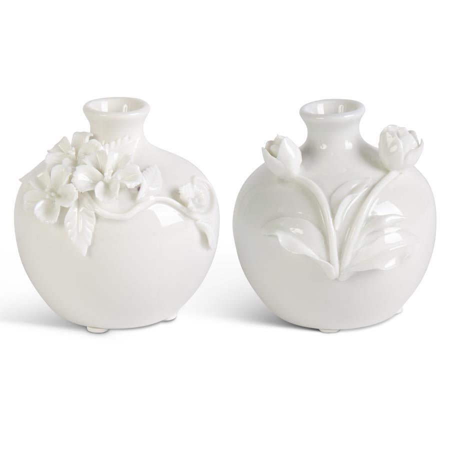 Assorted Short White Ceramic Vase w/Raised Flowers