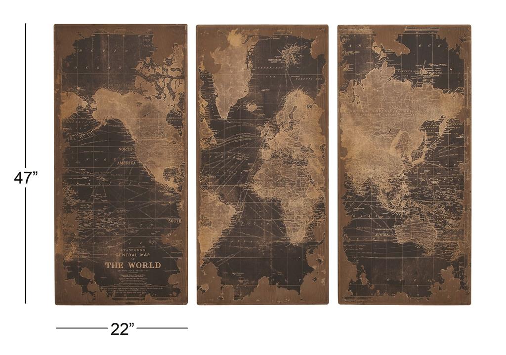 Set of Black Wood World Map Wall Décor