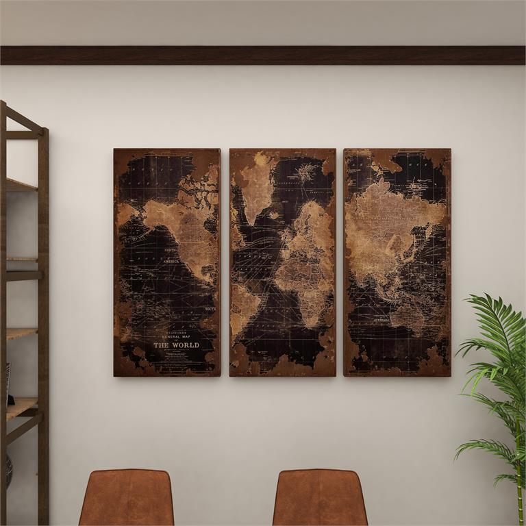 Set of Black Wood World Map Wall Décor