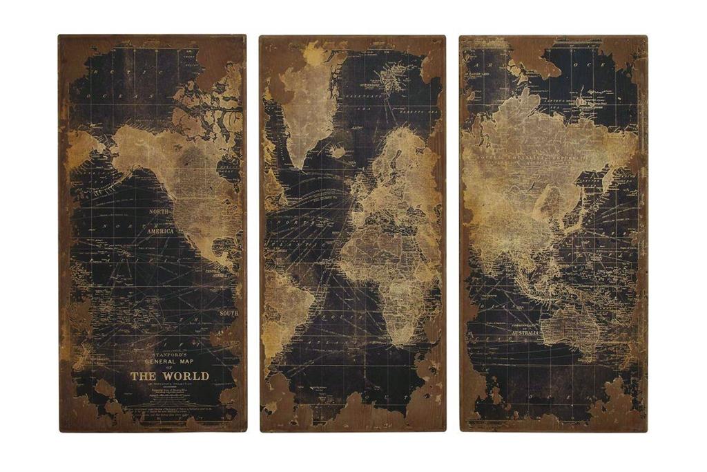 Set of Black Wood World Map Wall Décor
