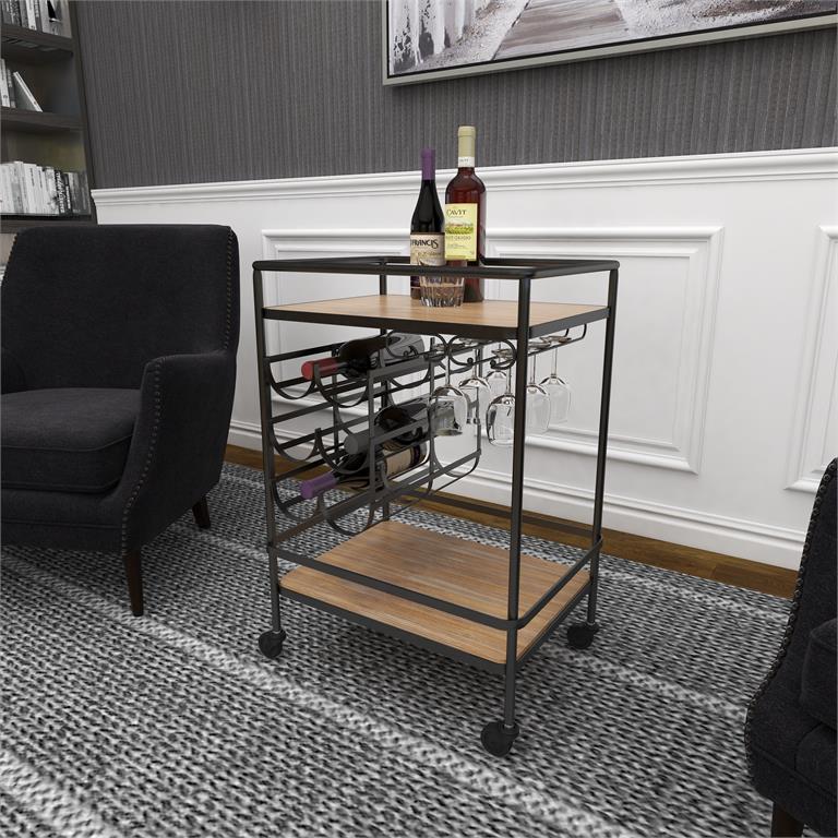 Brown Wood Rolling Wine Rack Bar Cart
