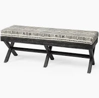 Black/White Patterned Seat Accent Bench, Solis 50L x 16W Black Base Upholstered