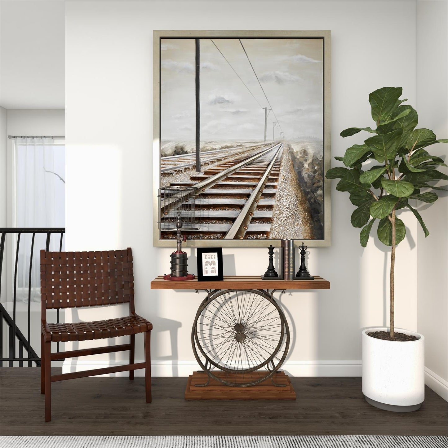 Brown Wood Bike Wide Slatted Top Console Table