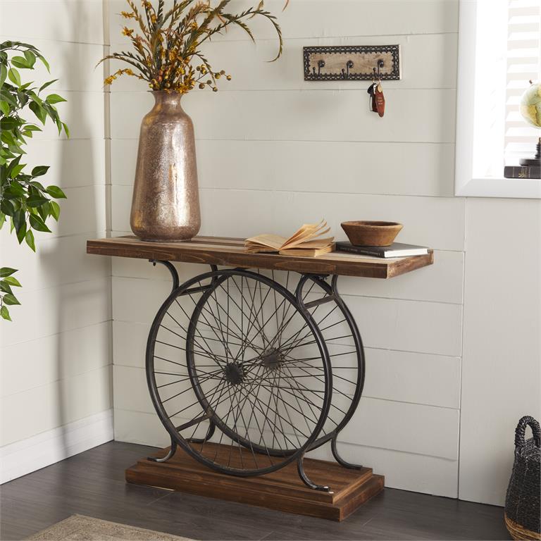 Brown Wood Bike Wide Slatted Top Console Table