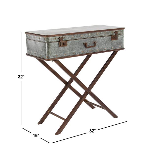 Gray Metal Accent Table with Suitcase Style Top