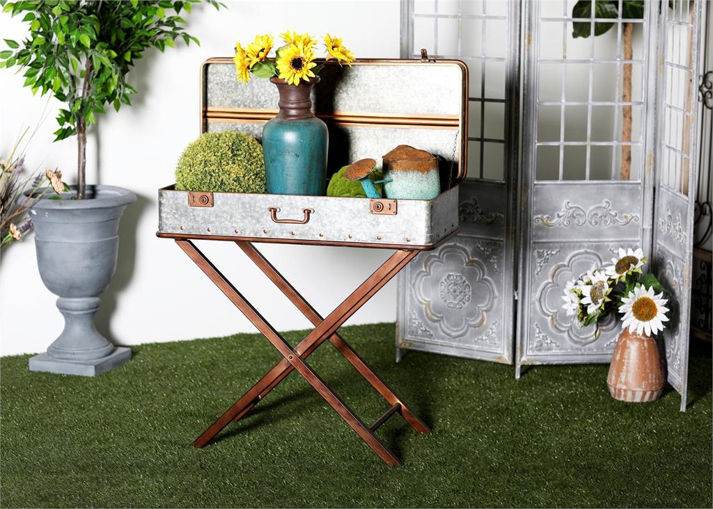 Gray Metal Accent Table with Suitcase Style Top