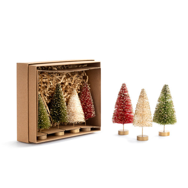 Set of 7 Red White Green Mini Bottle Brush Trees