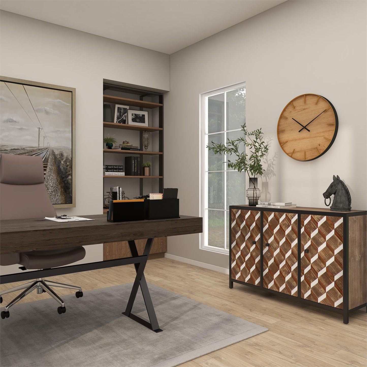 Brown Wood Wall Clock with Gold Accents