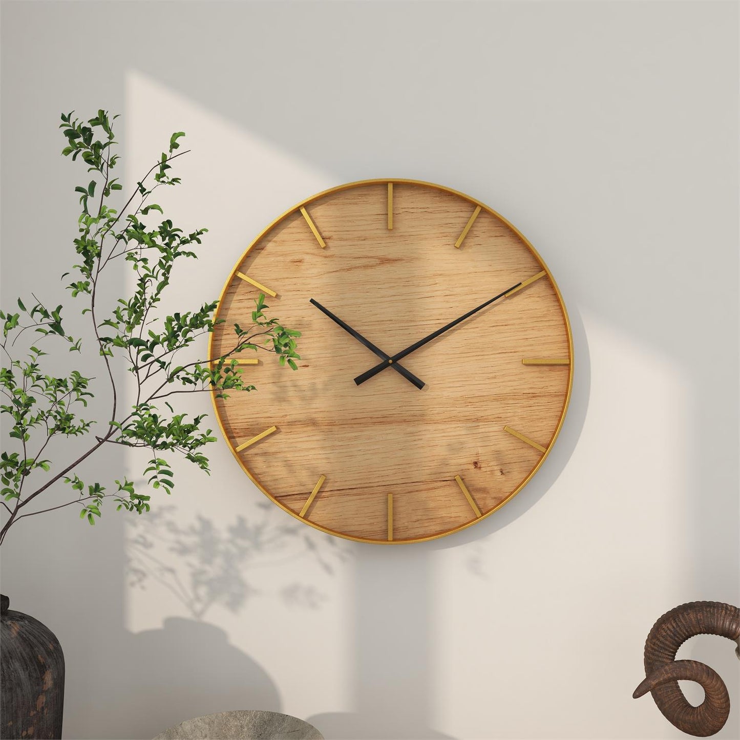 Brown Wood Wall Clock with Gold Accents