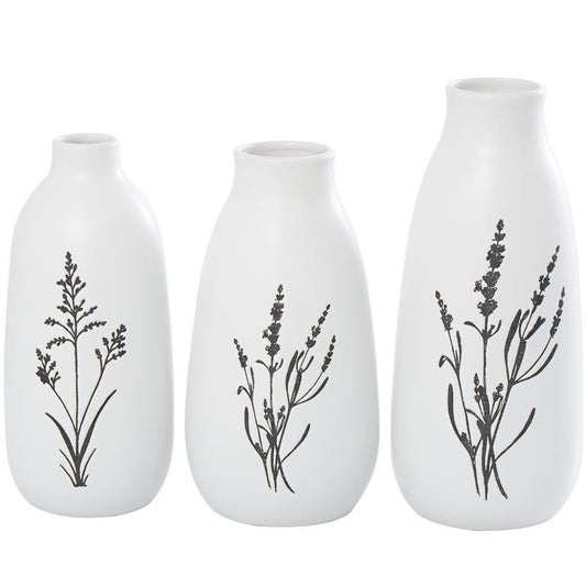 White Ceramic Vase with Black Lavender Prints