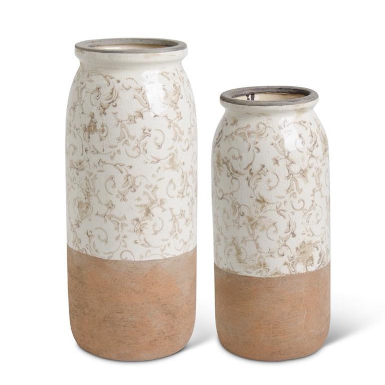 Set of 2 Cream Ceramic Vases w/Tan Floral Pattern