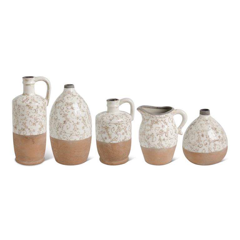 Crackle Cream Ceramic Vases w/Tan Floral Pattern