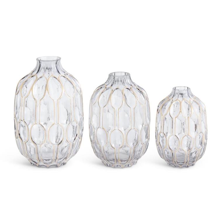 Set of 3 Smoked Glass Gold Oval Embossed Vases