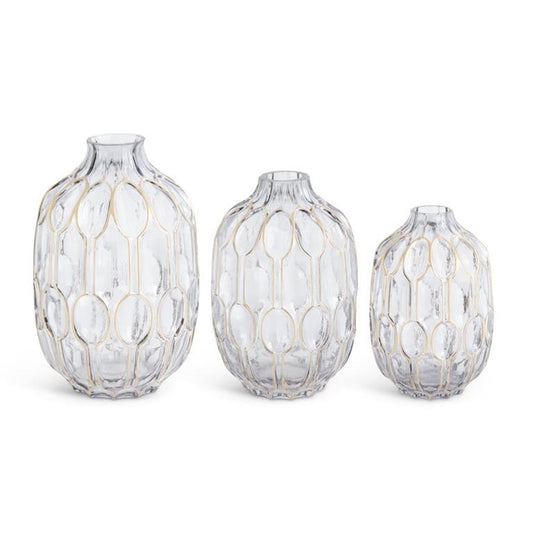 Set of 3 Smoked Glass Gold Oval Embossed Vases