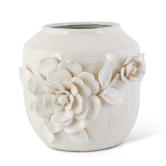 10 Inch Cream Ceramic Crackled Vase w/Raised Roses