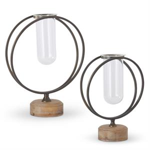Set of 2 Glass Test Tube Vases in Round Metal Frame