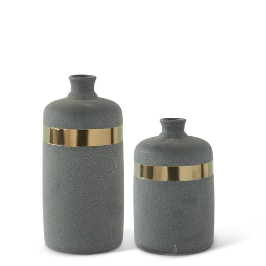 Set of 2 Textured Gray Ceramic Vases w/Gold Bands