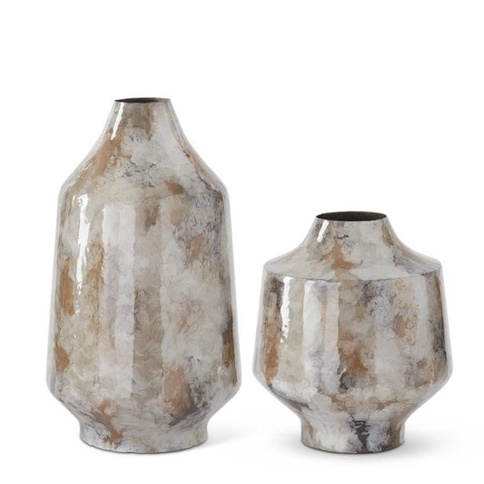 Set of 2 Gray Tan Enameled Metal Vases