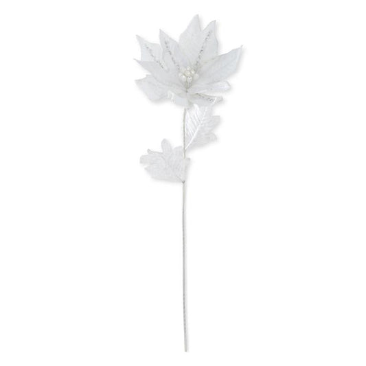 30 Inch White Velvet Poinsettia Stem w/Sequin