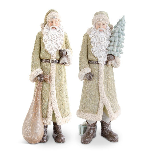 Assorted Glittered Resin Santas in Olive Green Coat