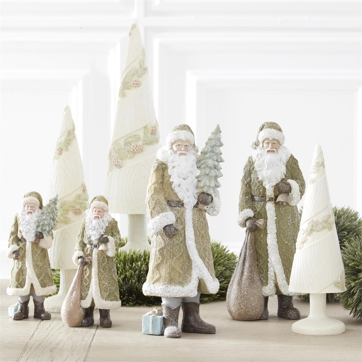 Assorted Glittered Resin Santas in Olive Green Coat