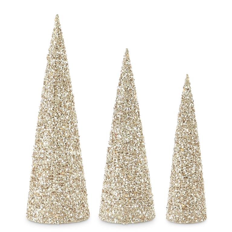 Champagne Sequins & Bead Embellished LED Cone Trees w/Timers