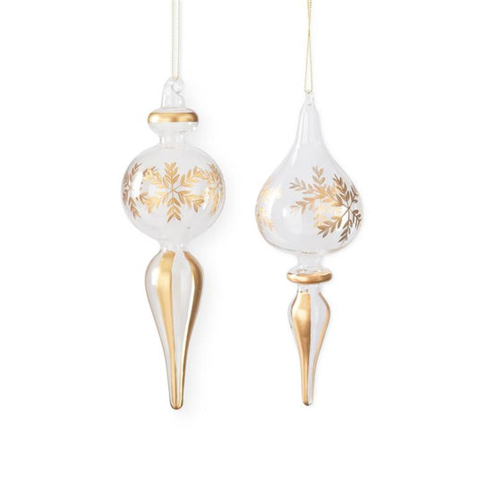 Assorted Finial Clear Glass Gold Etched Snowflake Ornaments