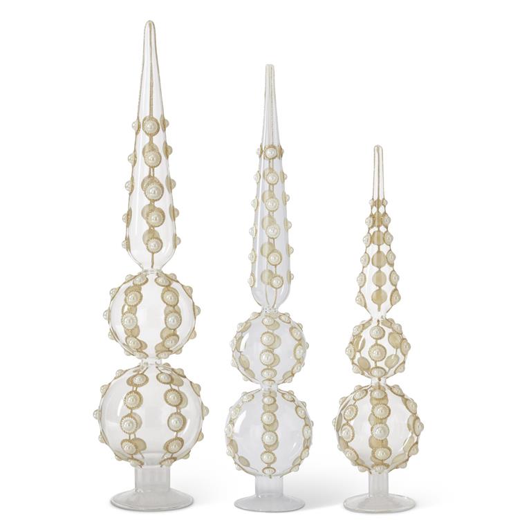 Set of 3 Clear Glass & Gold Glitter w/Pearls Two Balls