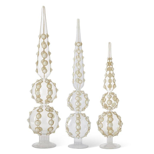 Set of 3 Clear Glass & Gold Glitter w/Pearls Two Balls