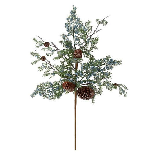 26.5 Inch Mixed Greens Stem w/Glittered Pinecones