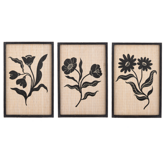 Black Fleur Wall Decor with Natural Woven