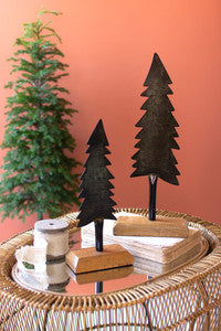 Set of 2 Painted Iron Christmas Trees with Wooden Bases