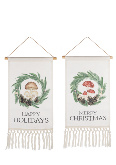 Mushroom & Pine with Christmas Text Wall Décor with Fringe