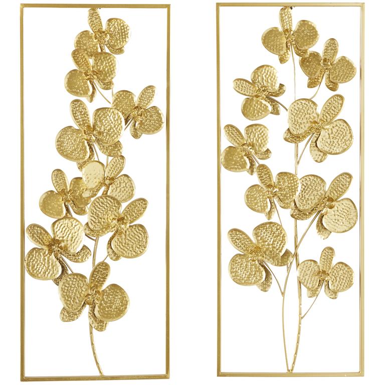 Set of Gold Metal Floral Orchid Wall Art