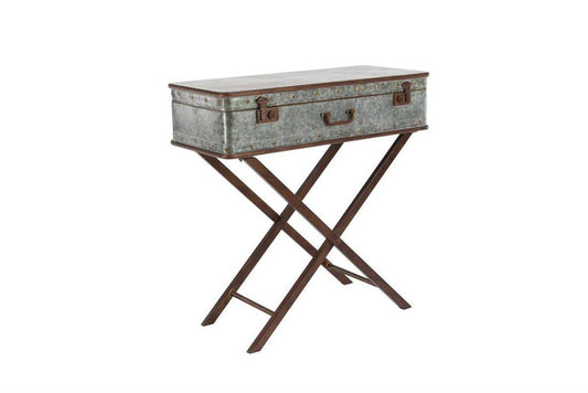 Gray Metal Accent Table with Suitcase Style Top